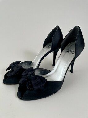 Stuart Weitzman Black Satin D'Orsay Peeptoe Pumps Heels With Bow, Size 7